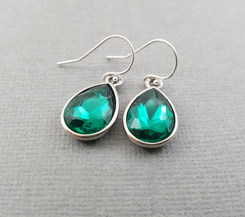 May Birthstone Earrings - Emerald Crystal Sterling Silver Teardrop Earrings