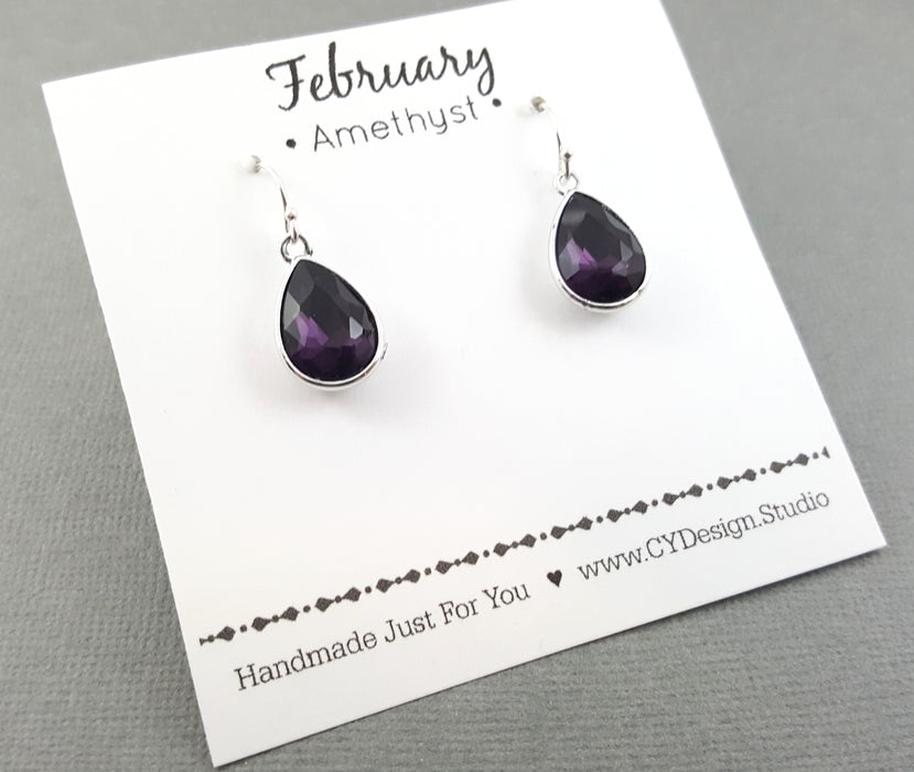 February Birthstone Earrings - Amethyst Crystal Sterling Silver Teardrop Earrings