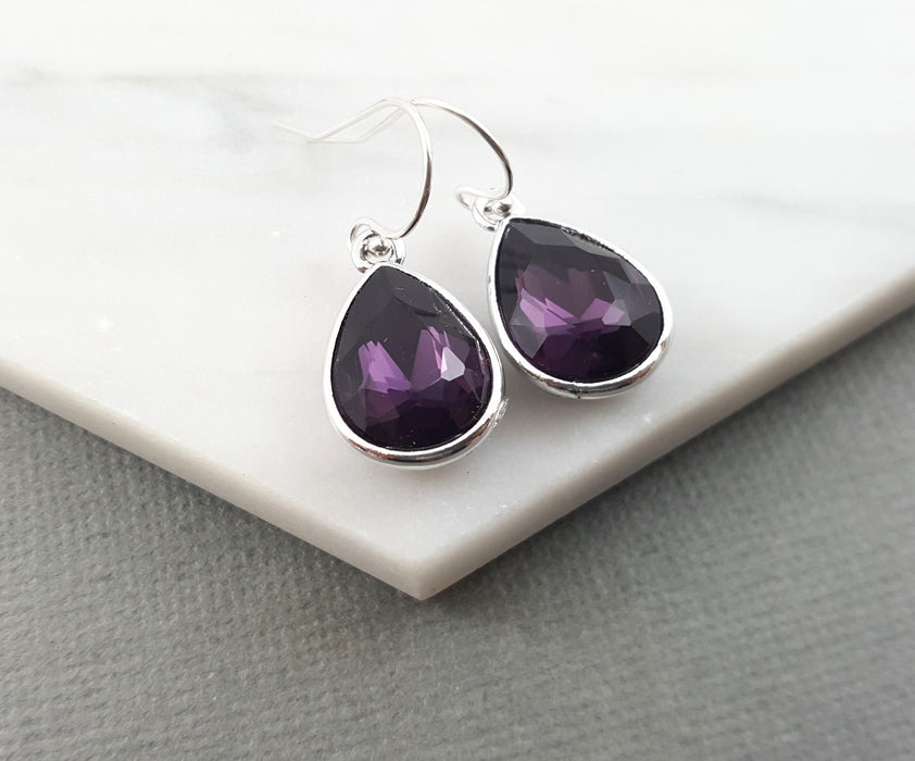 February Birthstone Earrings - Amethyst Crystal Sterling Silver Teardrop Earrings