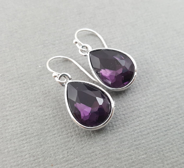 February Birthstone Earrings - Amethyst Crystal Sterling Silver Teardrop Earrings