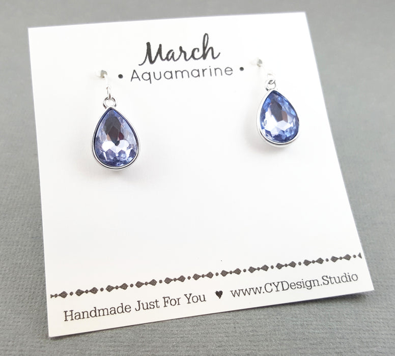 March Birthstone Earrings - Aquamarine Crystal Sterling Silver Teardrop Earrings