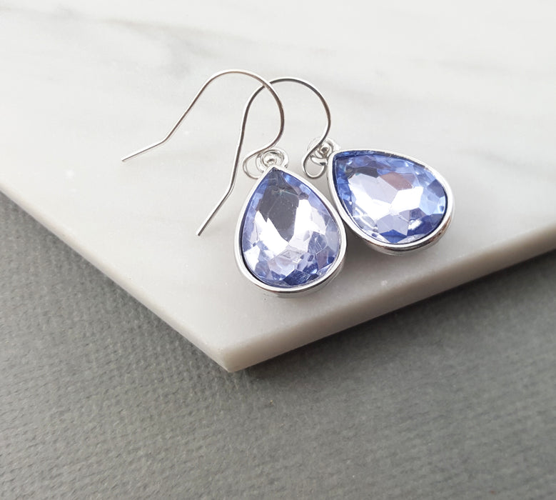 March Birthstone Earrings - Aquamarine Crystal Sterling Silver Teardrop Earrings