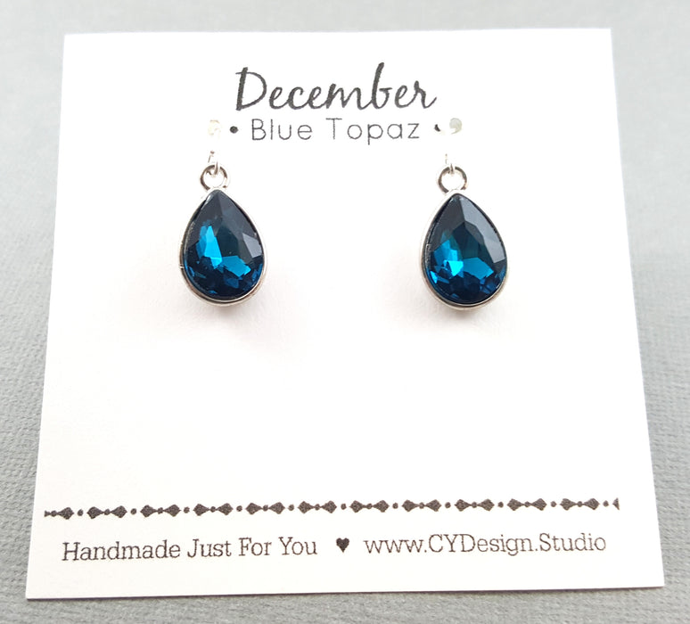 December Birthstone Earrings - Blue Topaz Crystal Sterling Silver Teardrop Earrings