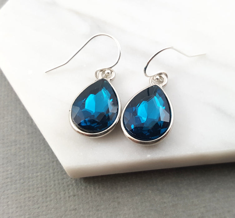 December Birthstone Earrings - Blue Topaz Crystal Sterling Silver Teardrop Earrings