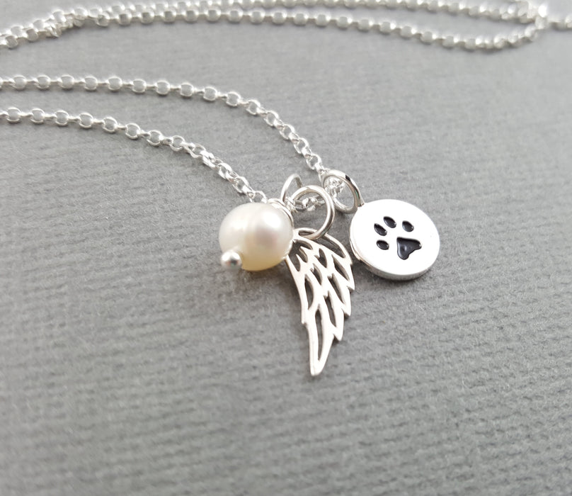 Paw Print Angel Wing Memorial Necklace - Pet Loss Necklace - Sterling Silver - Memorial Jewelry