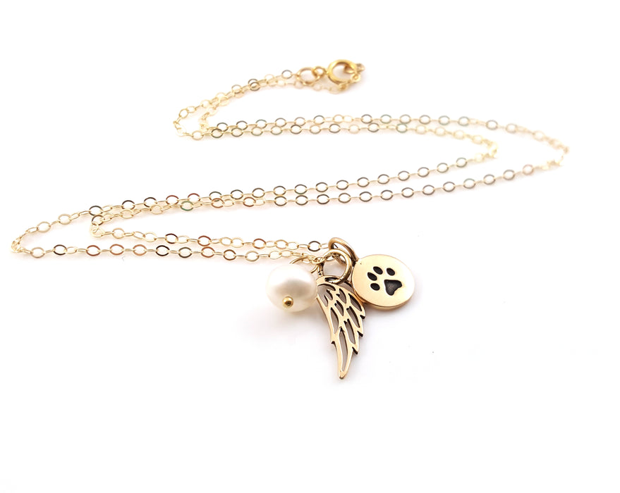 Paw Print Angel Wing Memorial Necklace - Pet Loss Necklace - 14k Gold Filled - Memorial Jewelry