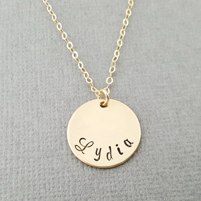 Mom Necklace - Custom Hand Stamped Name Disc Gold Necklace - 14k Gold Filled Jewelry