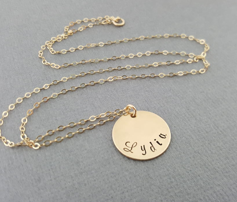 Mom Necklace - Custom Hand Stamped Name Disc Gold Necklace - 14k Gold Filled Jewelry