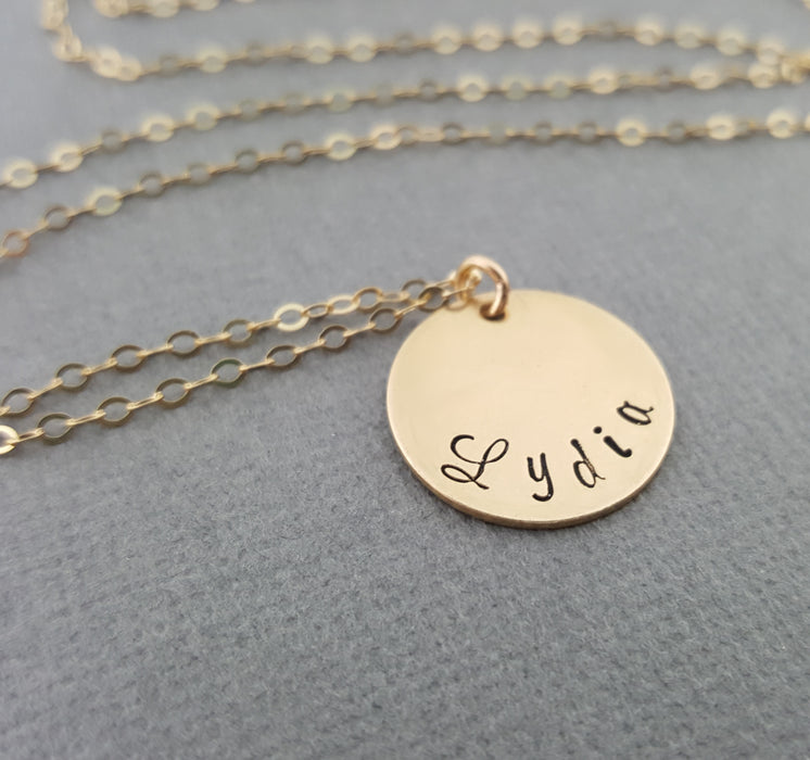 Mom Necklace - Custom Hand Stamped Name Disc Gold Necklace - 14k Gold Filled Jewelry