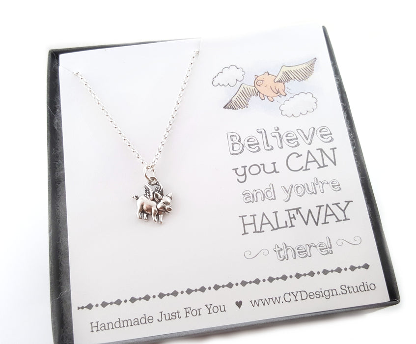 Flying Pig Charm Sterling Silver Necklace