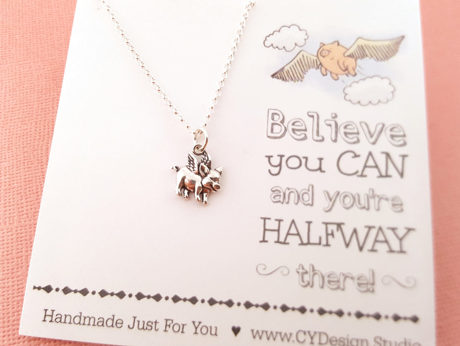 Flying Pig Charm Sterling Silver Necklace