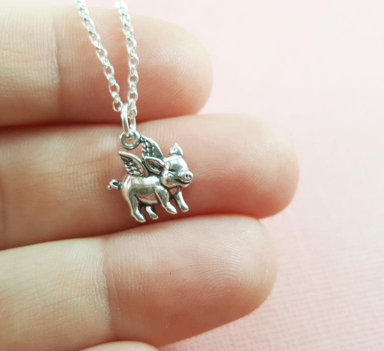 Flying Pig Charm Sterling Silver Necklace