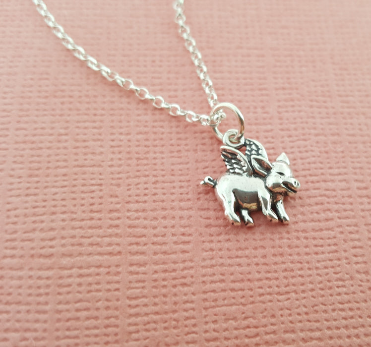 Flying Pig Charm Sterling Silver Necklace