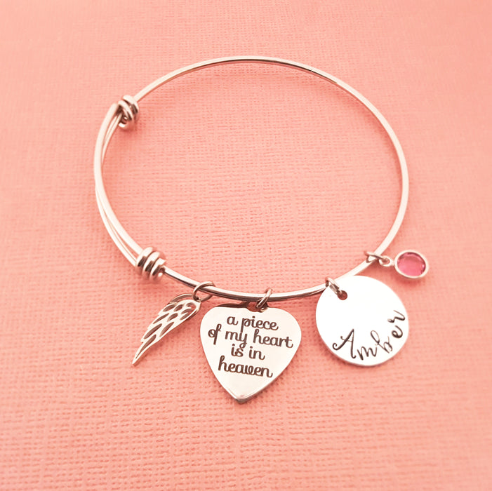 Sympathy Bracelet - A Piece of My Heart is in heaven Personalized Angel Wing Bracelet