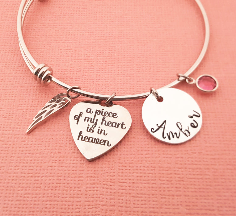 Sympathy Bracelet - A Piece of My Heart is in heaven Personalized Angel Wing Bracelet