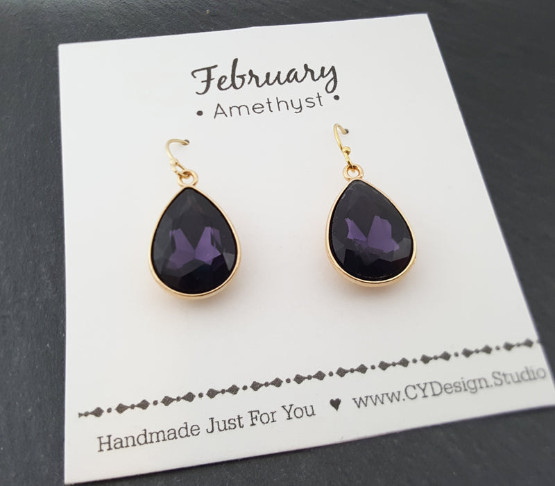 February Birthstone Amethyst Crystal Gold Earrings