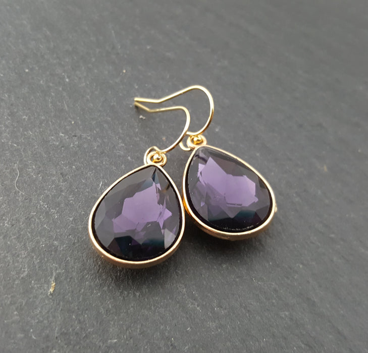 February Birthstone Amethyst Crystal Gold Earrings