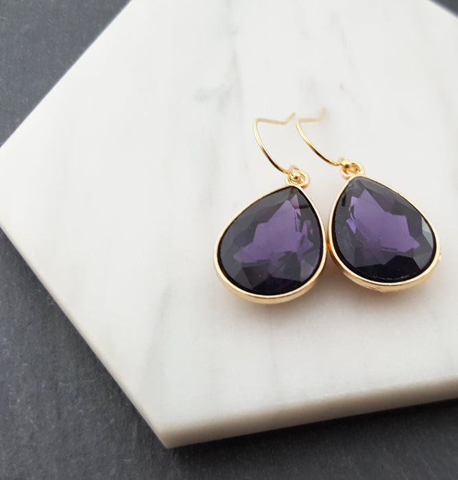 February Birthstone Amethyst Crystal Gold Earrings