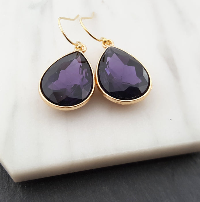 February Birthstone Amethyst Crystal Gold Earrings