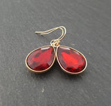 January Birthstone Earrings -  Garnet Crystal Gold Filled Teardrop Earrings - Gift for Her