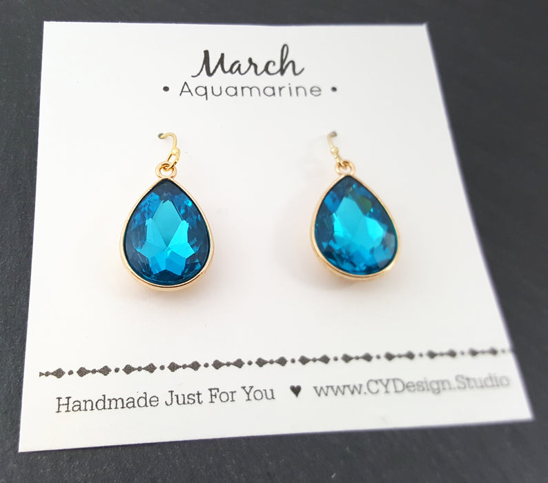 March Birthstone Earrings - Aquamarine Crystal Gold Filled Teardrop Earrings - Gift for Her