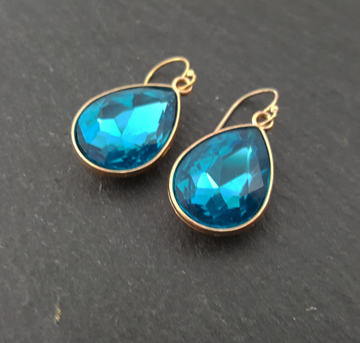 March Birthstone Earrings - Aquamarine Crystal Gold Filled Teardrop Earrings - Gift for Her