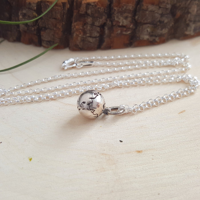 Earth Globe 3D Charm Sterling Silver Necklace