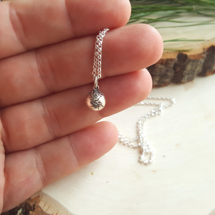 Earth Globe 3D Charm Sterling Silver Necklace