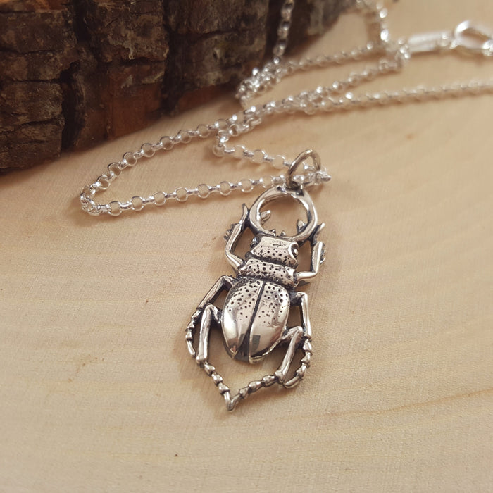 Stag Beetle Charm Sterling Silver Necklace