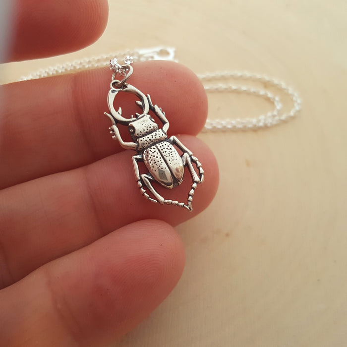 Stag Beetle Charm Sterling Silver Necklace