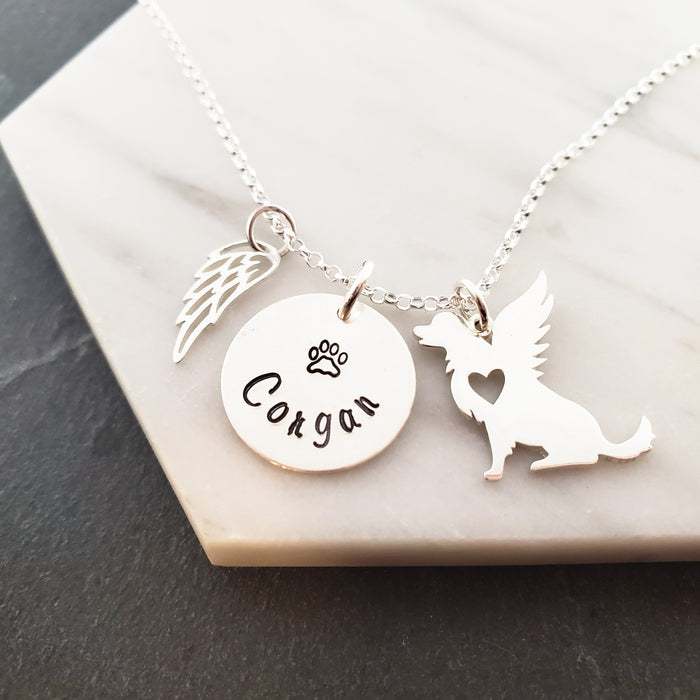 Personalized Dog Angel Wing Necklace - Sympathy Pet Loss Charm - Sterling Silver Necklace