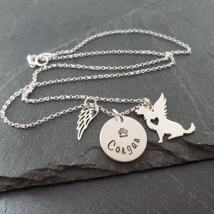 Personalized Dog Angel Wing Necklace - Sympathy Pet Loss Charm - Sterling Silver Necklace