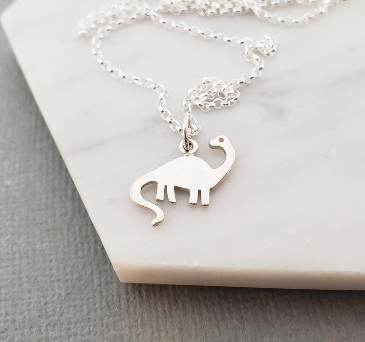 Brontosaurus Dinosaur Charm Necklace - Dainty Sterling Silver Jewelry