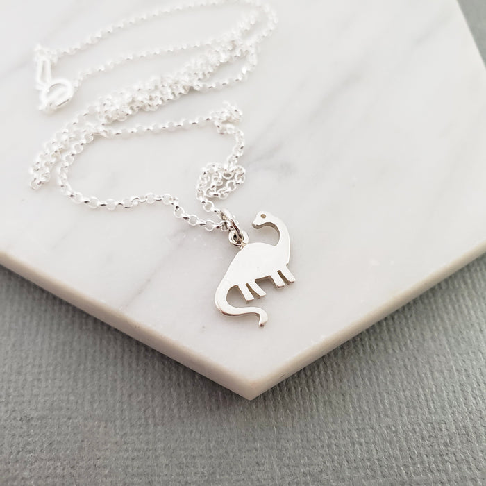 Brontosaurus Dinosaur Charm Necklace - Dainty Sterling Silver Jewelry