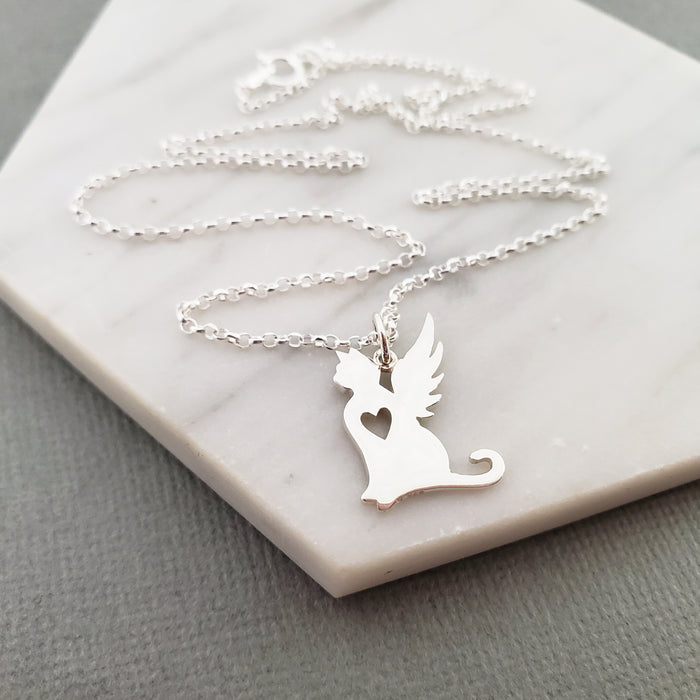 Cat Angel Wing Charm - Sympathy Pet Loss Charm - Sterling Silver Necklace