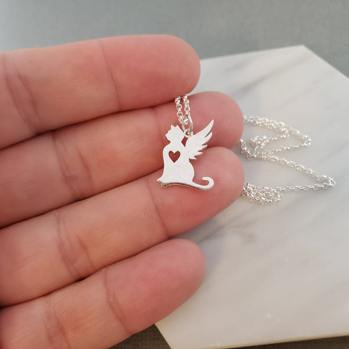 Cat Angel Wing Charm - Sympathy Pet Loss Charm - Sterling Silver Necklace