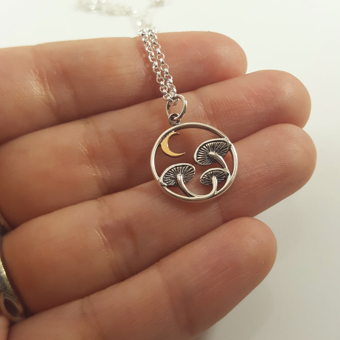 Mushroom with Bronze Moon Charm Necklace - Sterling Silver Jewelry