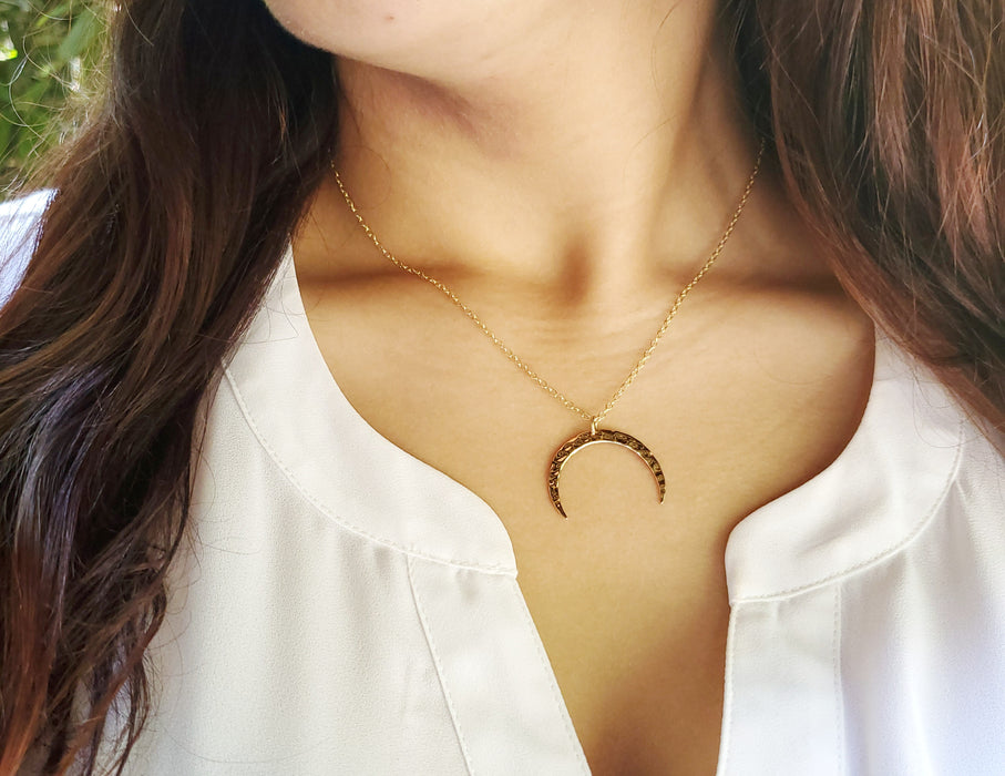 Hammered Crescent Moon Necklace - Dainty 14k Gold Filled Jewelry