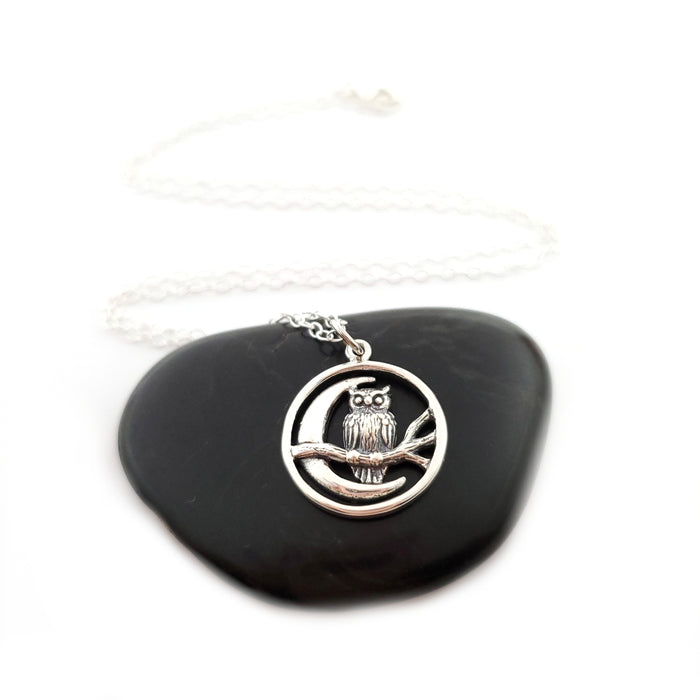 Moon Charm with Owl Necklace - Sterling Silver Jewelry