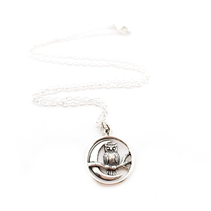 Moon Charm with Owl Necklace - Sterling Silver Jewelry