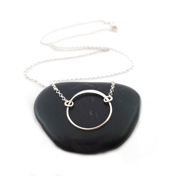 Hammered Circle Charm Necklace - 925 Sterling Silver Jewelry