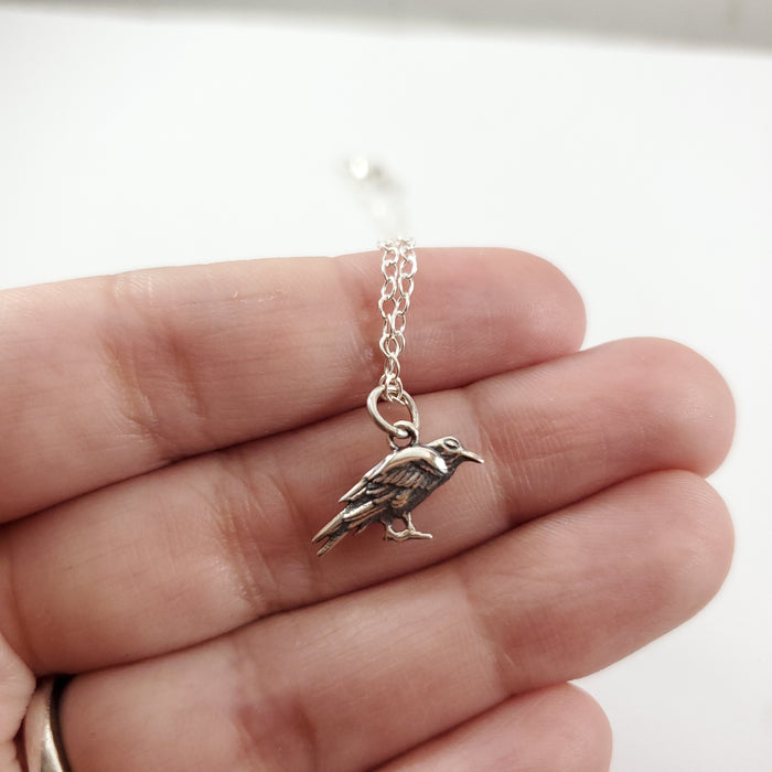 Raven Charm Necklace Crow Bird Charm - Handmade Sterling Silver Jewelry