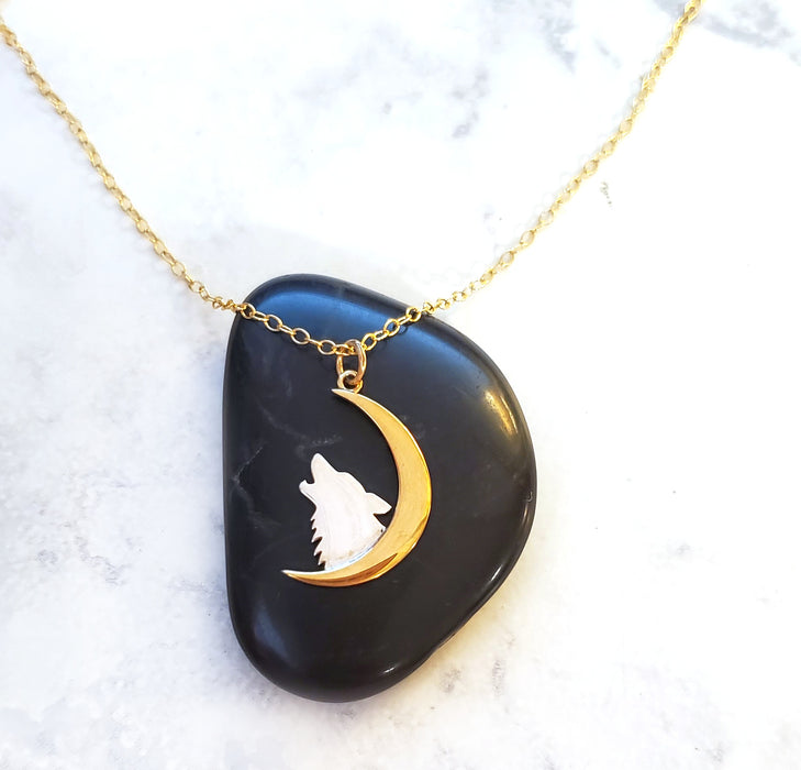 Howling Wolf and Moon Charm Necklace