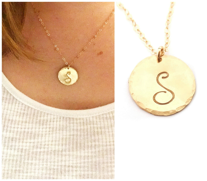 Hammered Gold Filled Disc Personalized Initial Necklace