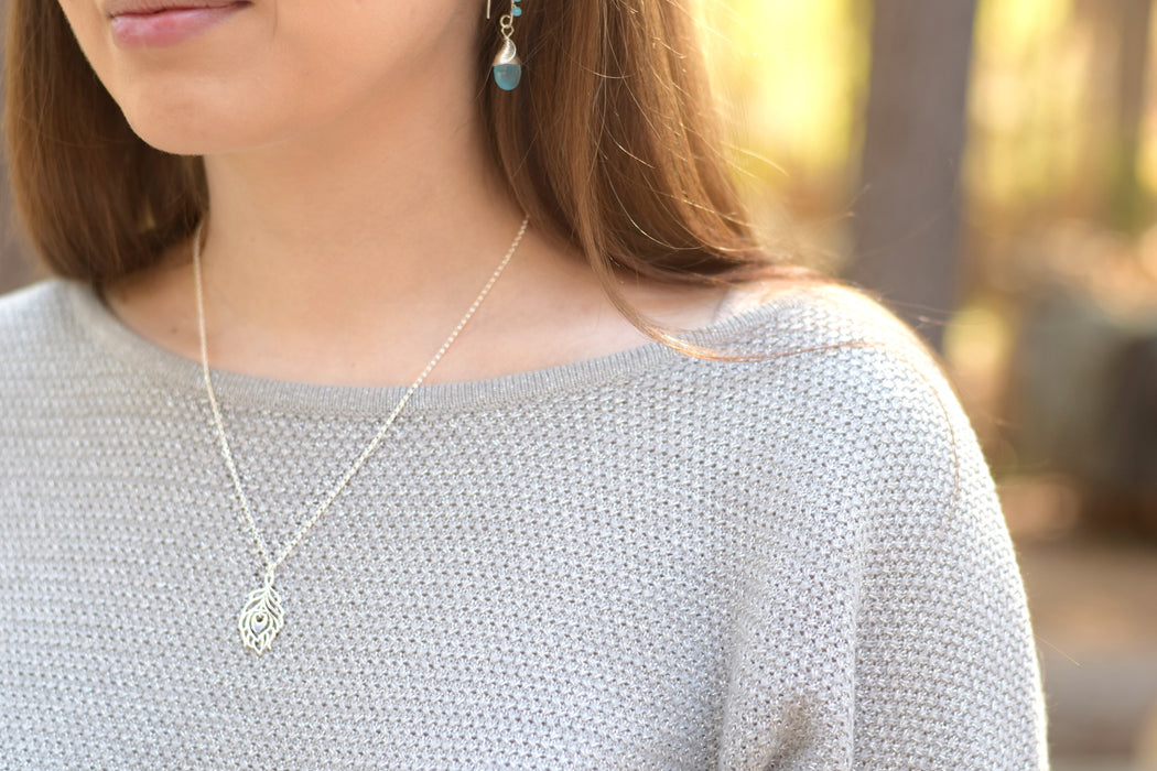 Peacock Feather Charm Necklace - Dainty Sterling Silver Jewelry