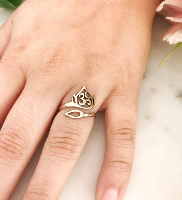 Adjustable Natural Bronze Openwork Lotus and Ohm Ring