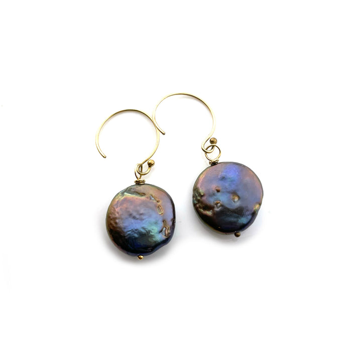 Peacock Freshwater Pearl Coin Earrings in 14k Gold Fill