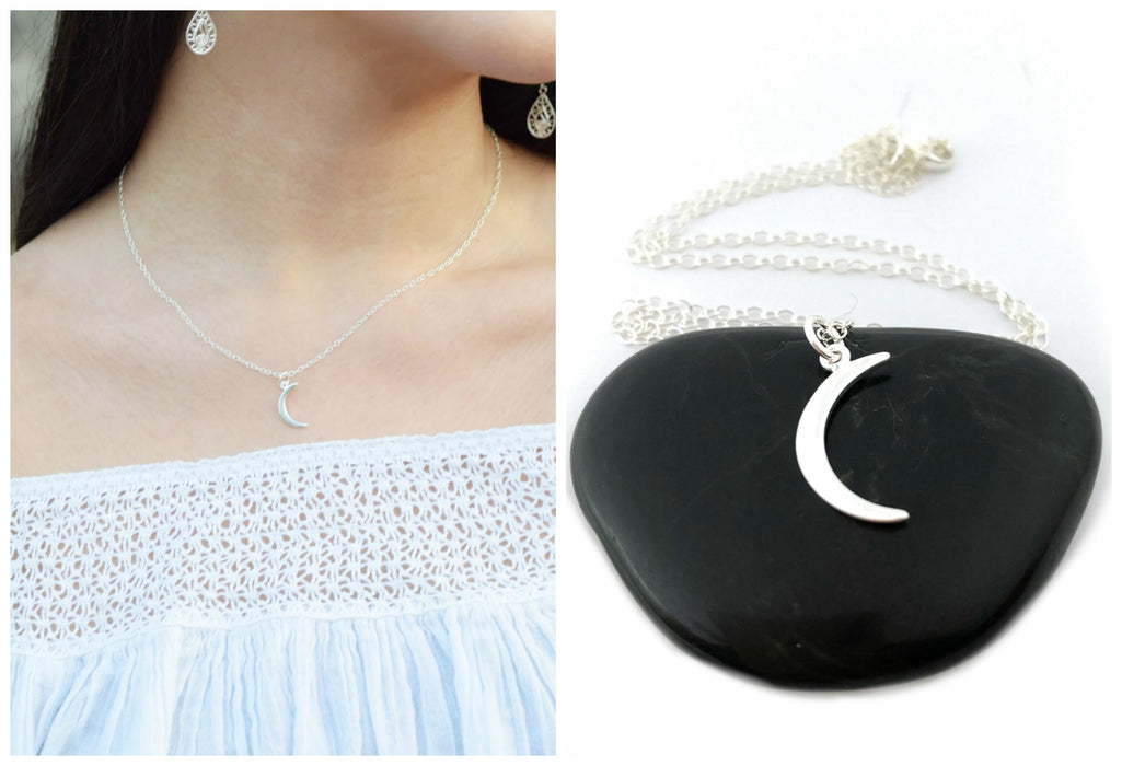 Moon Crescent Charm Necklace - Sterling Silver Jewelry