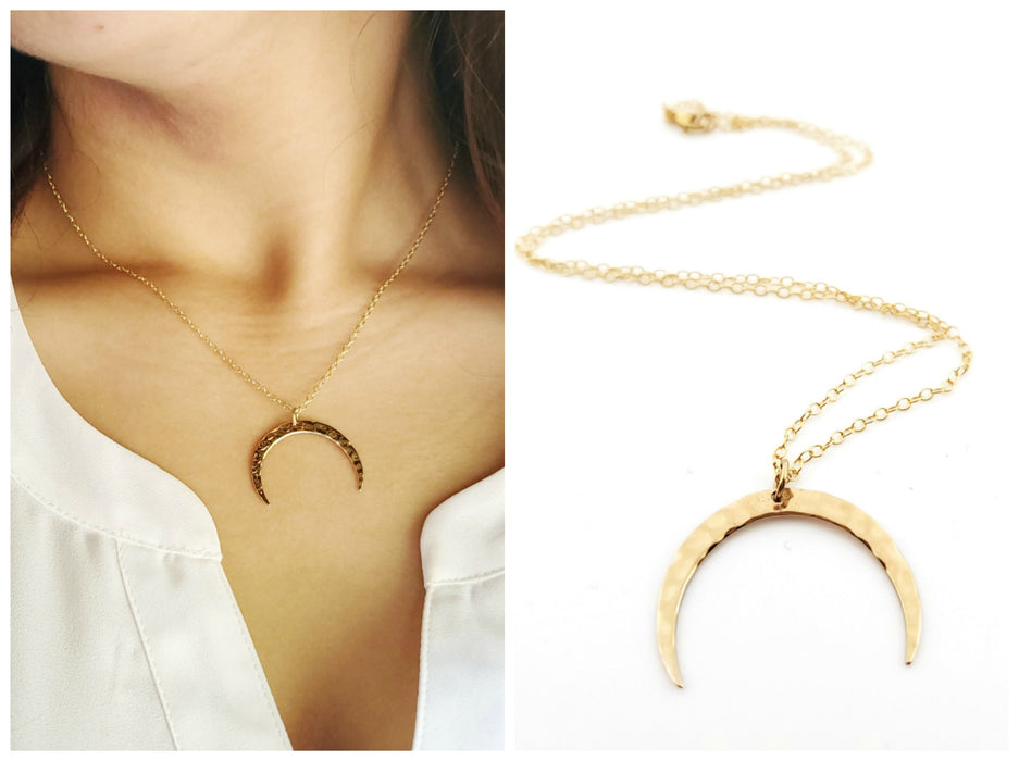 Hammered Crescent Moon Necklace - Dainty 14k Gold Filled Jewelry