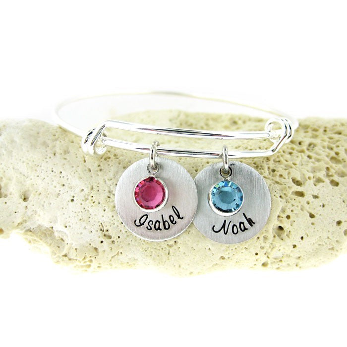 Mother's Birthstone and Name Disc Bangle Bracelet